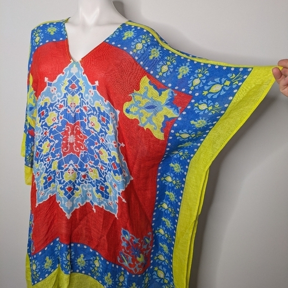 J McLaughlin red blue yellow kaleidoscope linen blend swim cover M/L - Picture 2 of 6